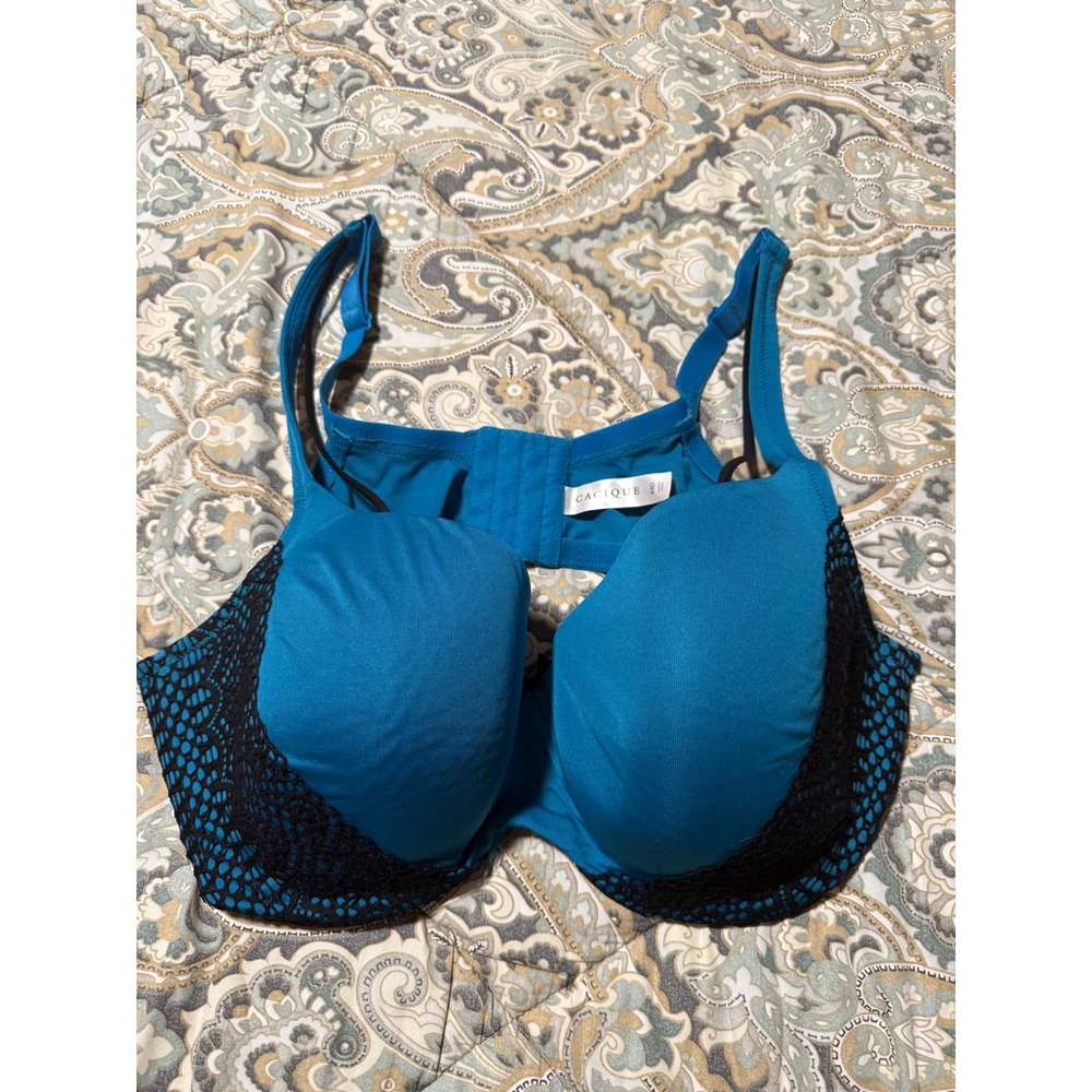 Cacique Teal Blue Black‎ Crochet Lace Trim Underwire Full Coverage Bra 44D